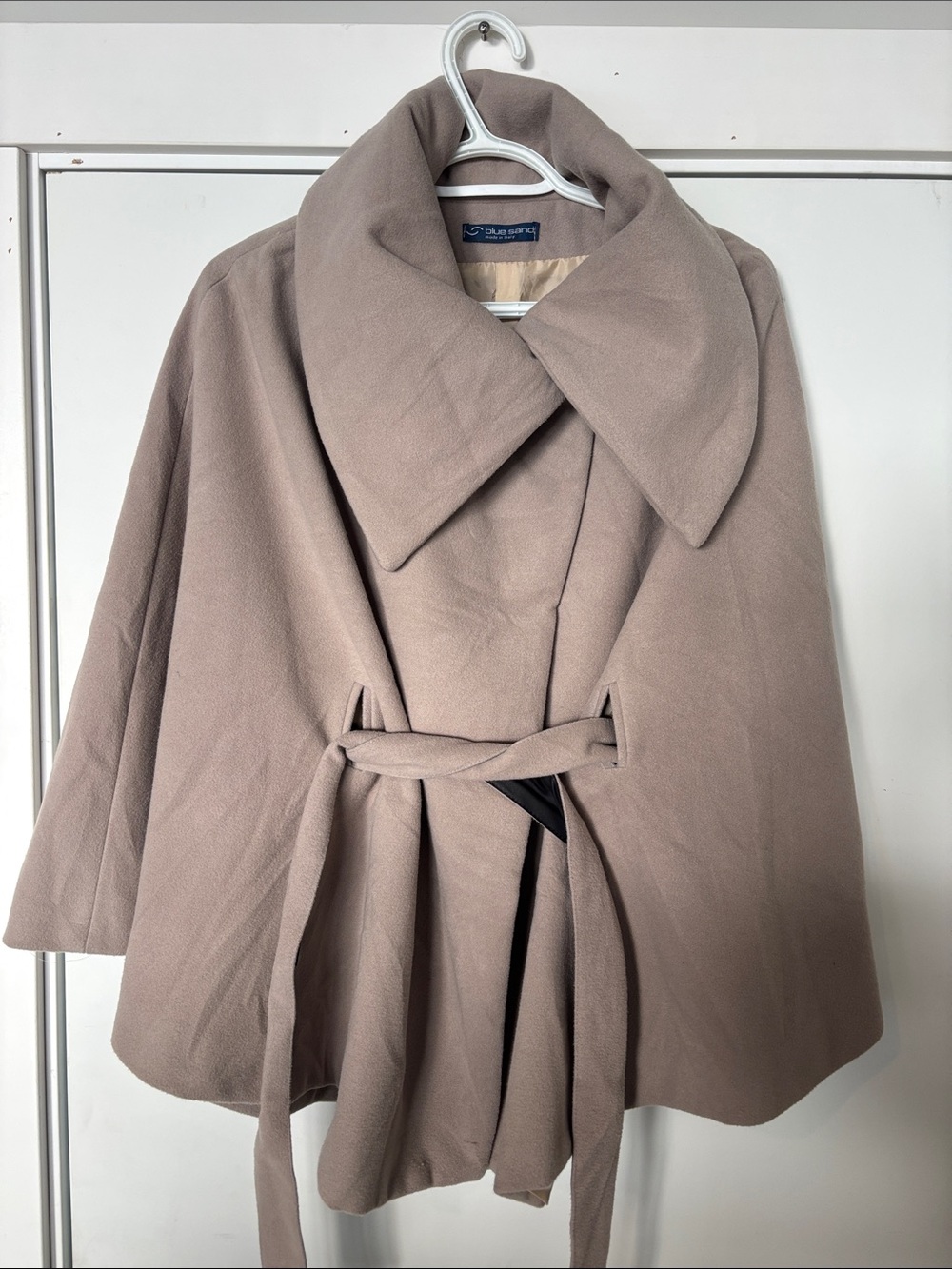 blue island Taupe Belted Cape with Wide Collar made in Italy